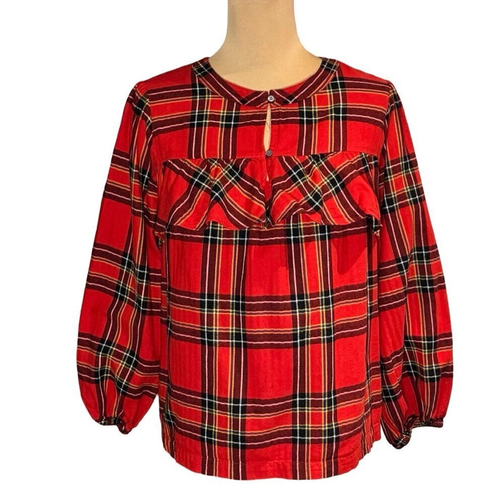 J. Crew Ruffled Red Tartan Flannel Top Sz S Cottage Heritage Farm Peasant Preppy